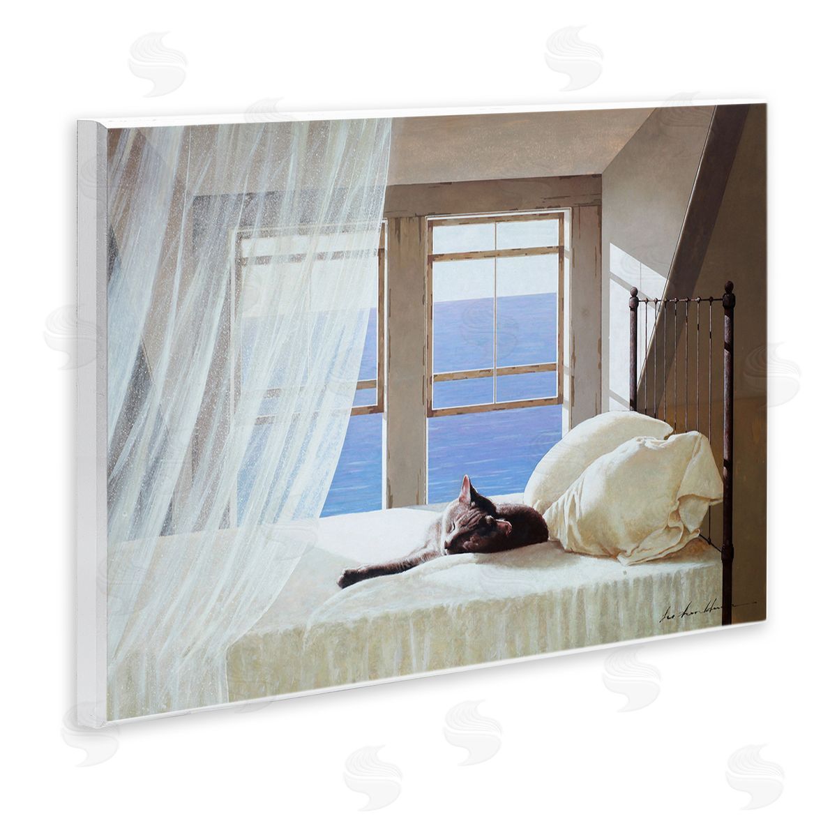 Cat Resting on Coastal Bed Wood Plaque Wall Art, Home Decor by Zhen-Huan Lu