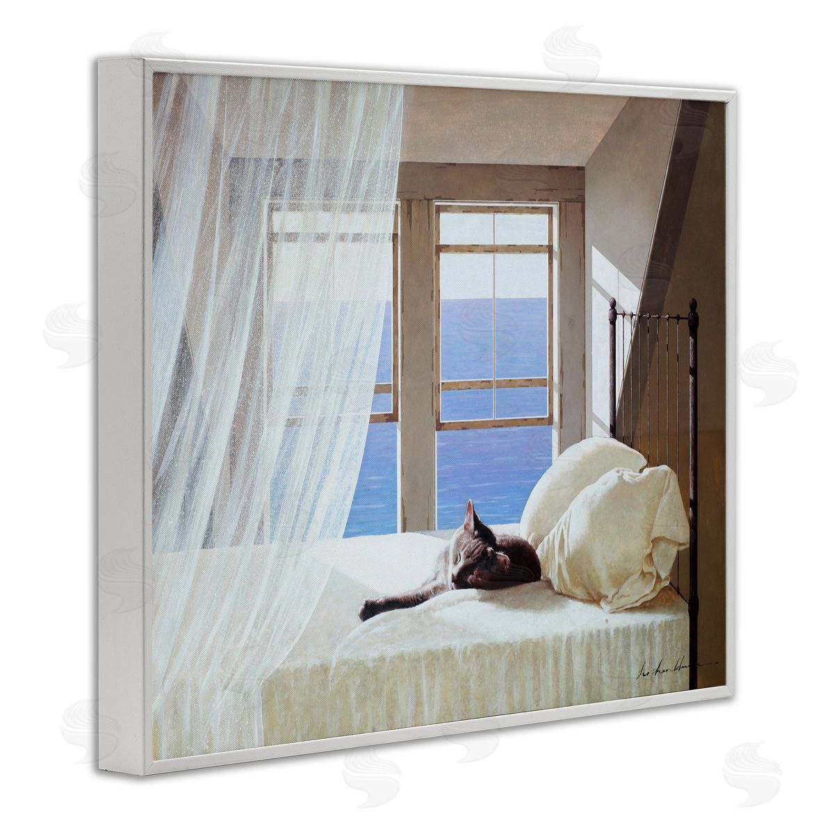Cat Resting on Coastal Bed White Frame Print Wall Art, Home Decor by Zhen-Huan Lu