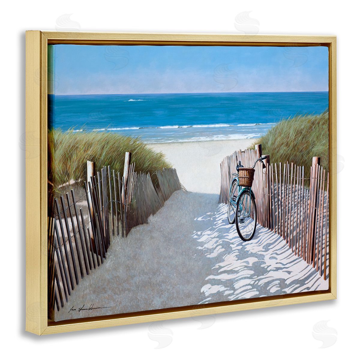 Beach Pathway and Bicycle Gold Floating Frame Canvas Wall Art, Home Decor by Zhen-Huan Lu