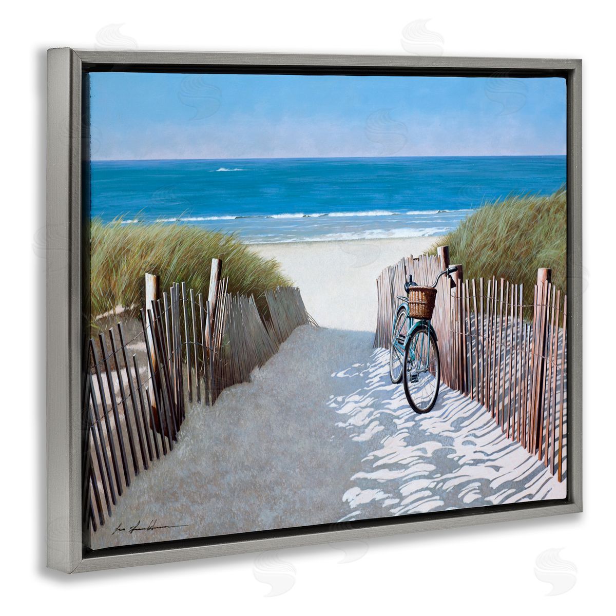 Beach Pathway and Bicycle Grey Floating Frame Canvas Wall Art, Home Decor by Zhen-Huan Lu