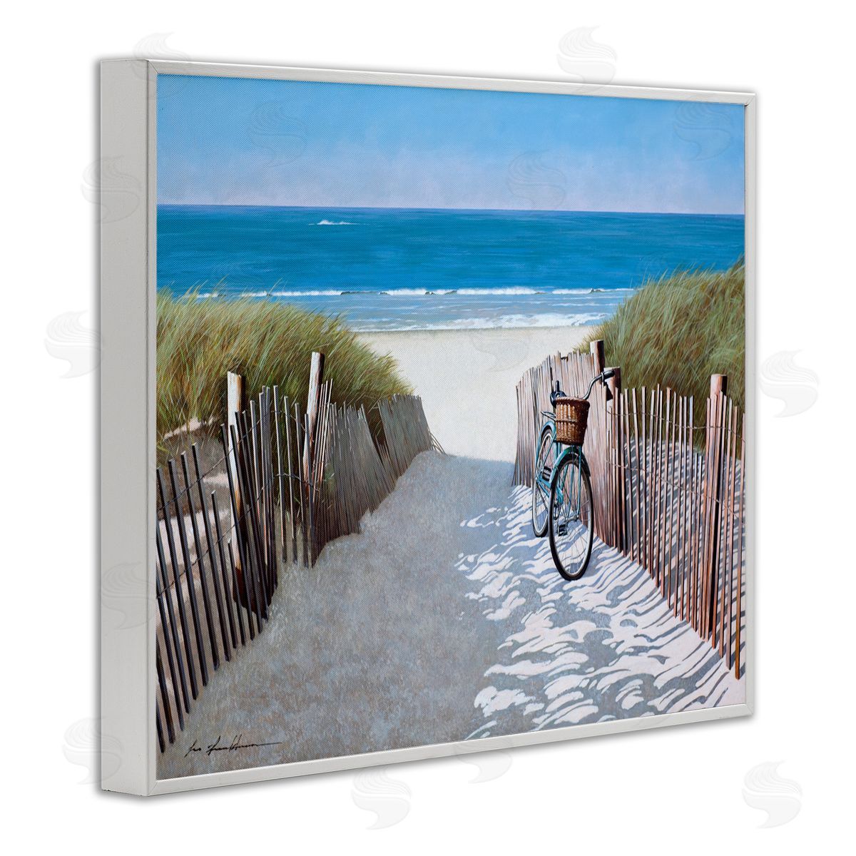 Beach Pathway and Bicycle White Frame Print Wall Art, Home Decor by Zhen-Huan Lu