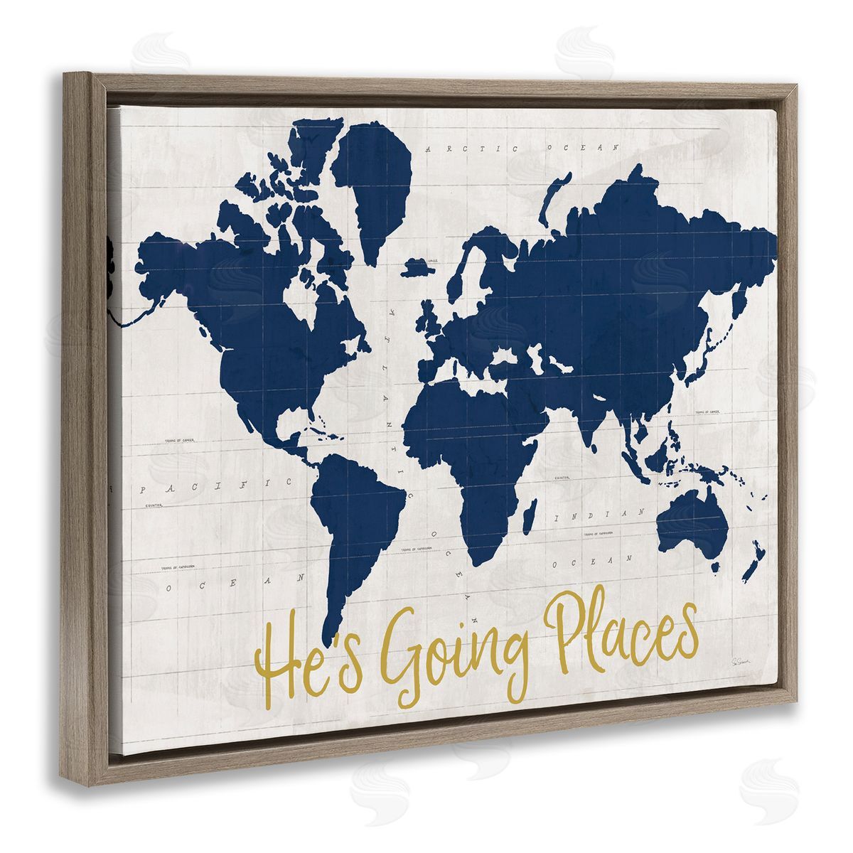 Going Places Boy's Map Brown Floating Frame Canvas Wall Art, Home Decor by Sue Schlabach