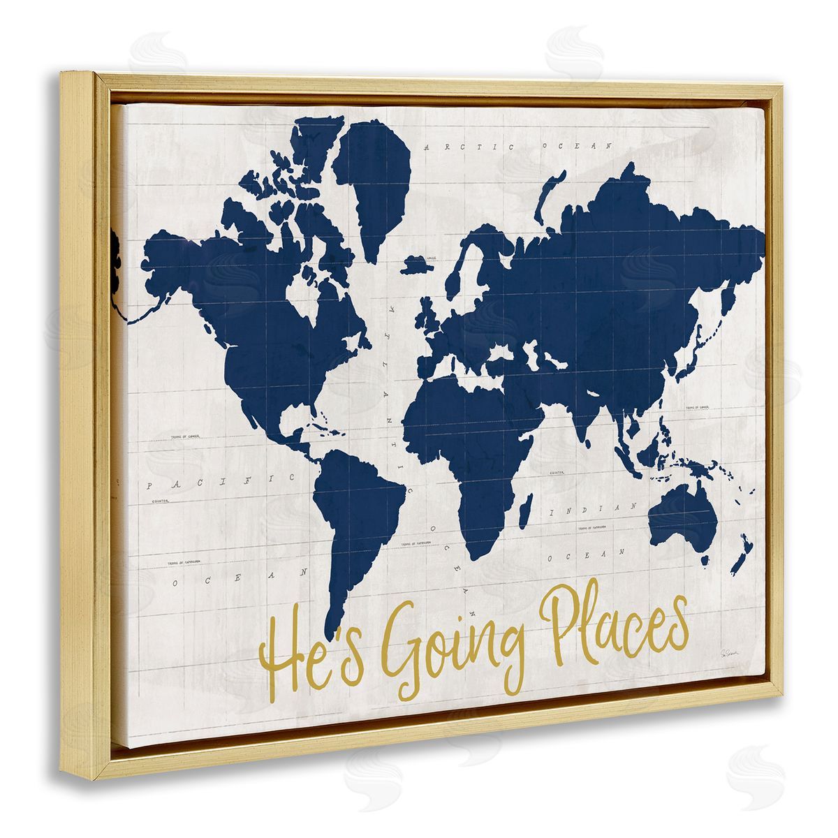 Going Places Boy's Map Gold Floating Frame Canvas Wall Art, Home Decor by Sue Schlabach