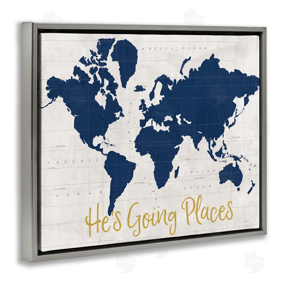 Going Places Boy's Map Grey Floating Frame Canvas Wall Art, Home Decor by Sue Schlabach