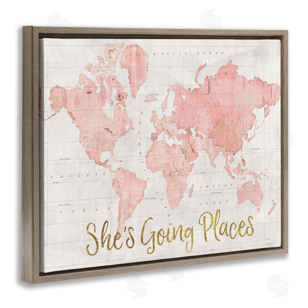 Going Places Girl's Map Brown Floating Frame Canvas Wall Art, Home Decor by Sue Schlabach