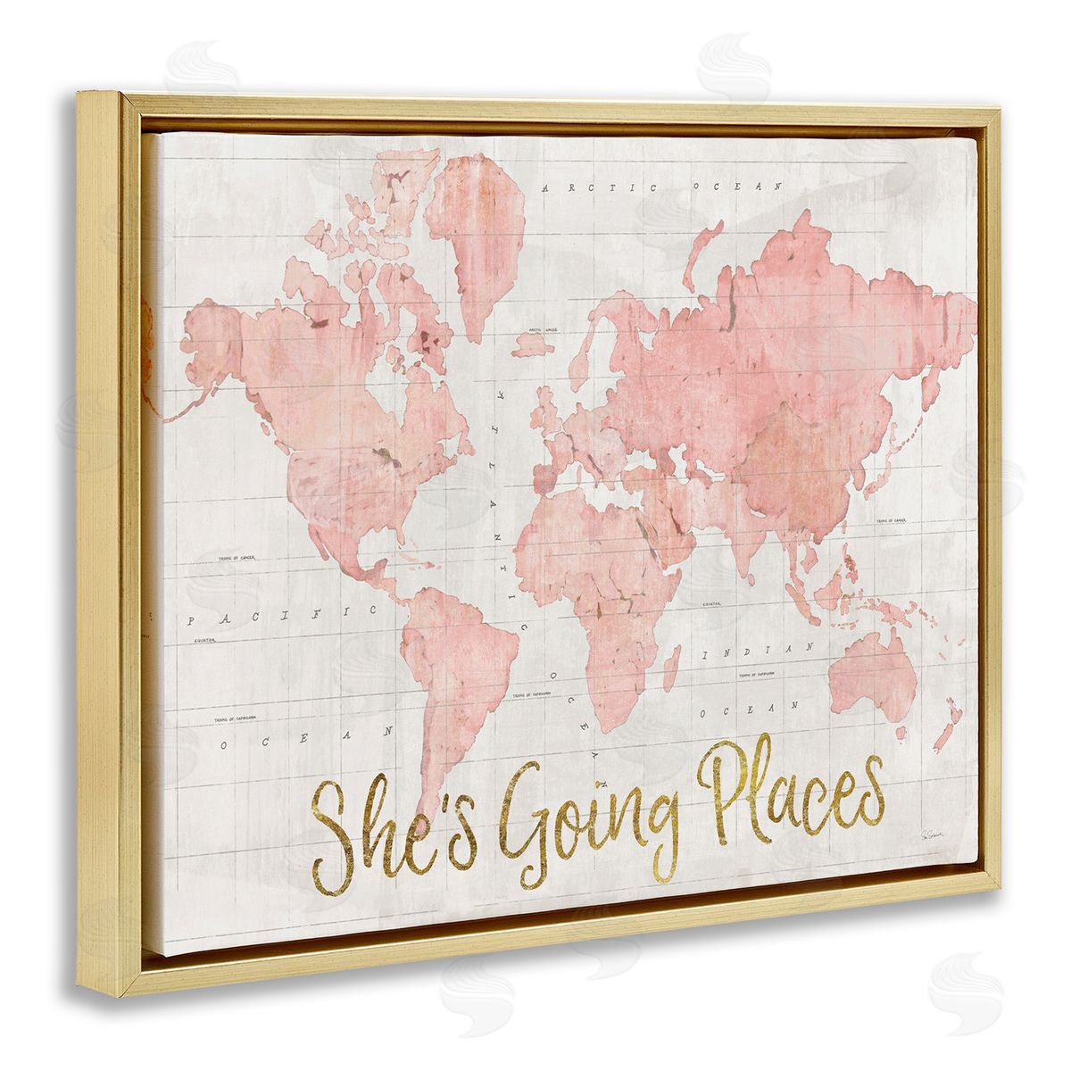 Going Places Girl's Map Gold Floating Frame Canvas Wall Art, Home Decor by Sue Schlabach