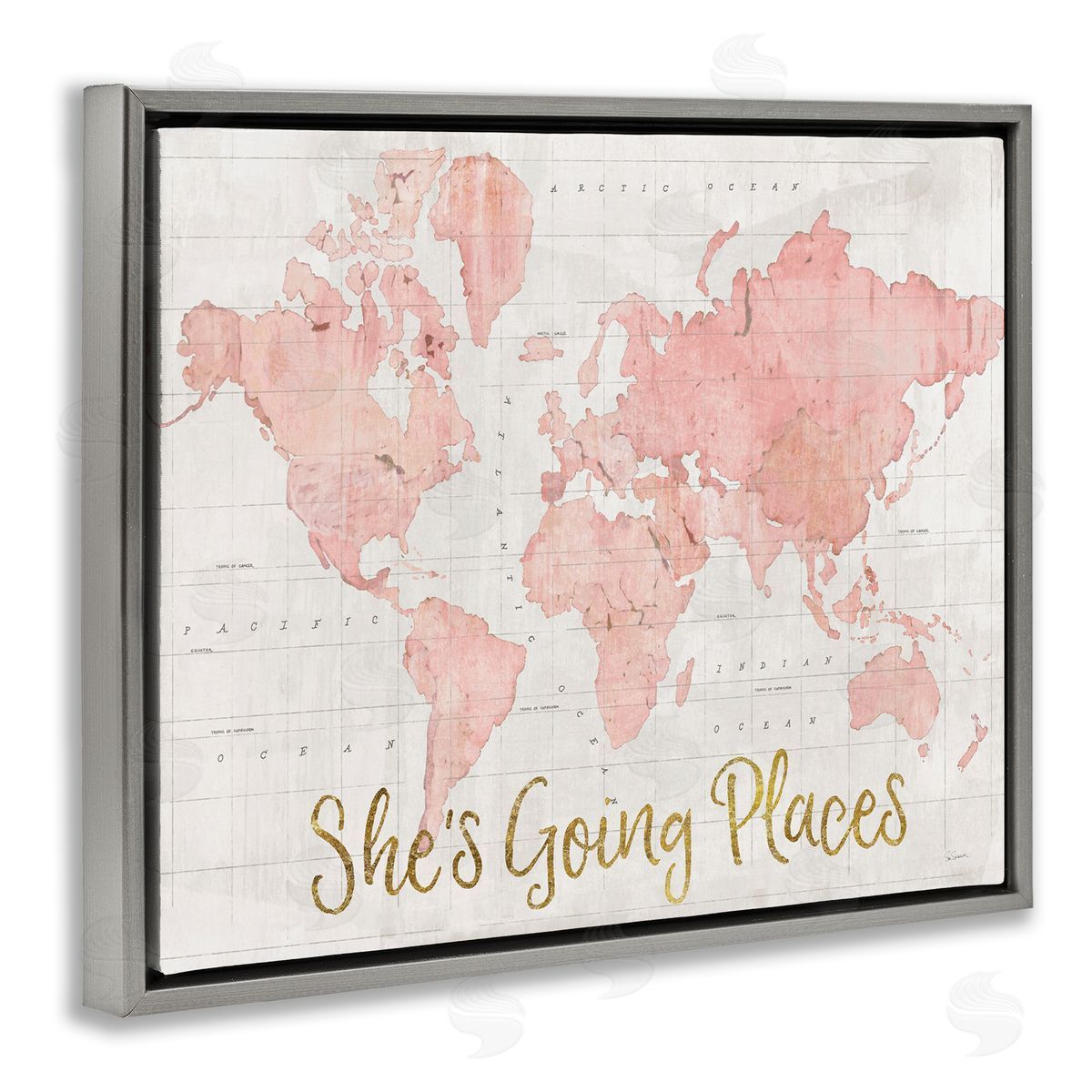 Going Places Girl's Map Grey Floating Frame Canvas Wall Art, Home Decor by Sue Schlabach