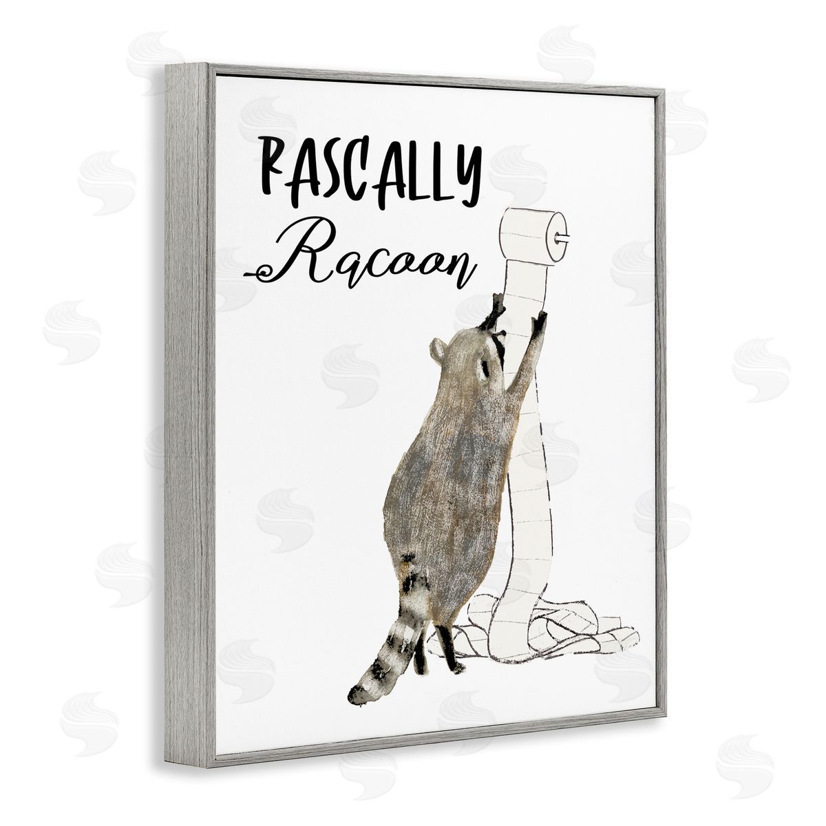 Rascally Racoon Toilet Paper Grey Frame Print Wall Art, Home Decor by Victoria Barnes
