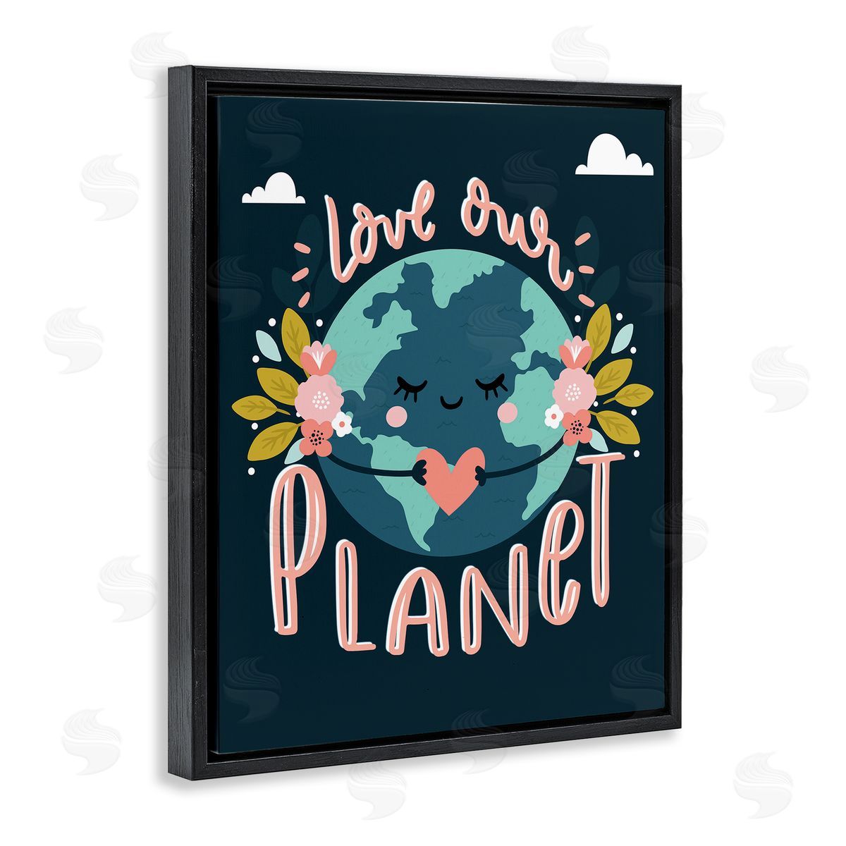 Angela Nickeas Love Our Planet Floral Cartoon Earth  Black Floater Frame Canvas Art