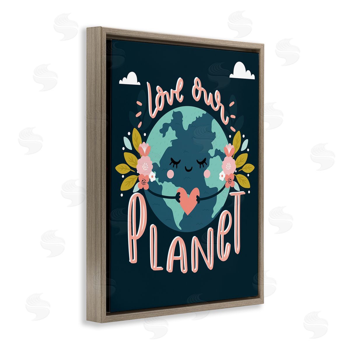 Angela Nickeas Love Our Planet Floral Cartoon Earth  Brown Floater Frame Canvas Art