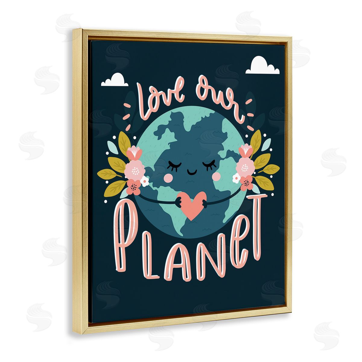 Angela Nickeas Love Our Planet Floral Cartoon Earth  Gold Floater Frame Canvas Art