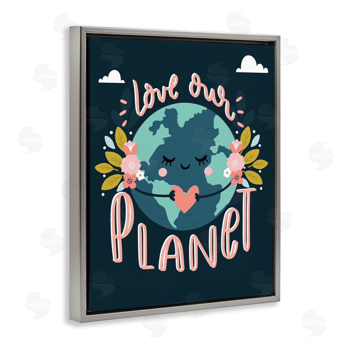 Angela Nickeas Love Our Planet Floral Cartoon Earth  Gray Floater Frame Canvas Art