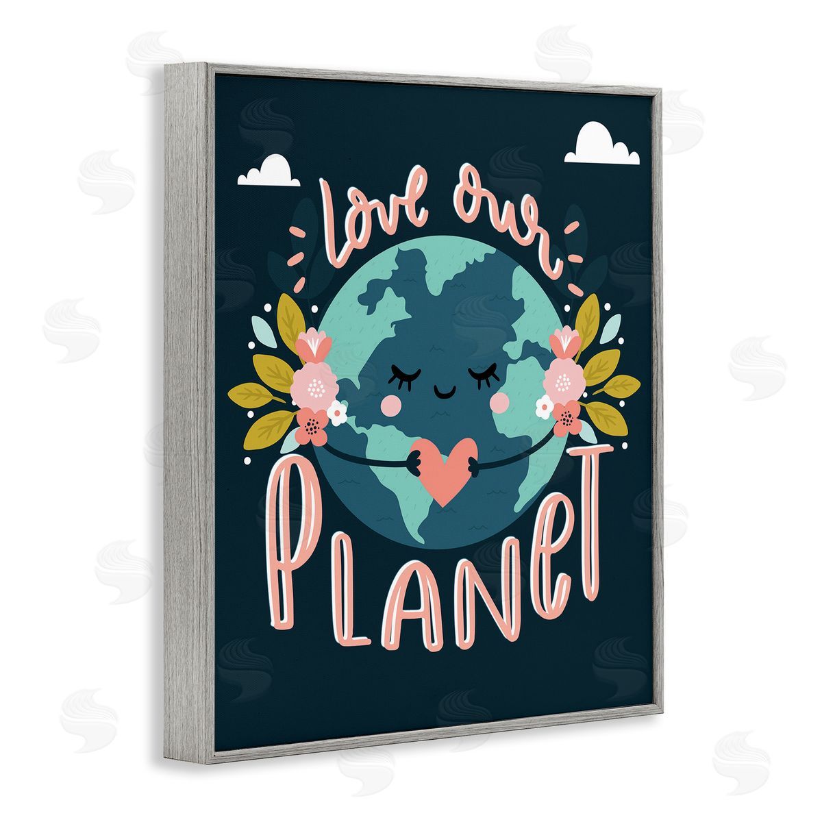 Angela Nickeas Love Our Planet Floral Cartoon Earth  Gray Framed Giclee Wall Art