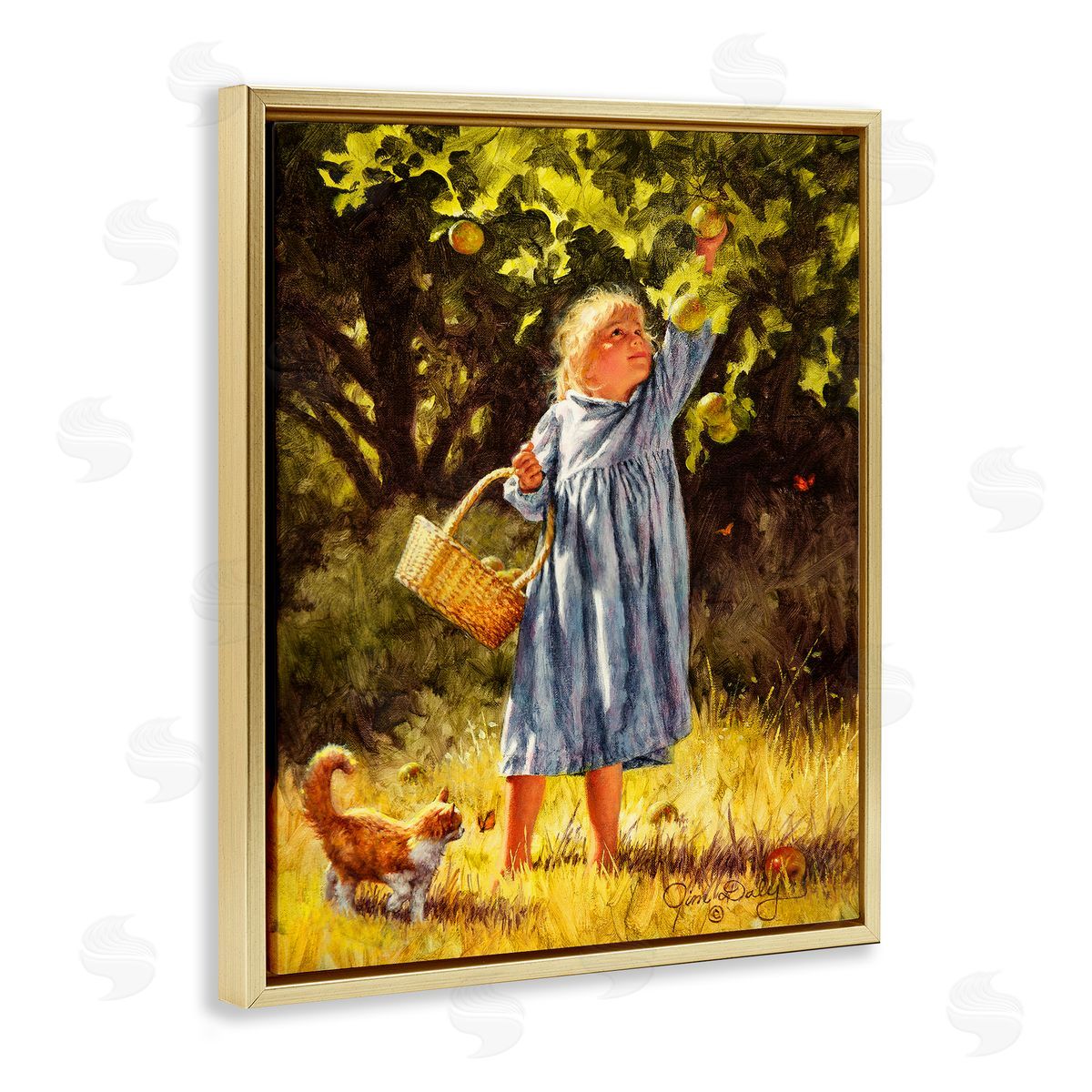 Jim Daly Country Girl Reaching for Apple Gold Floater Frame Canvas Art