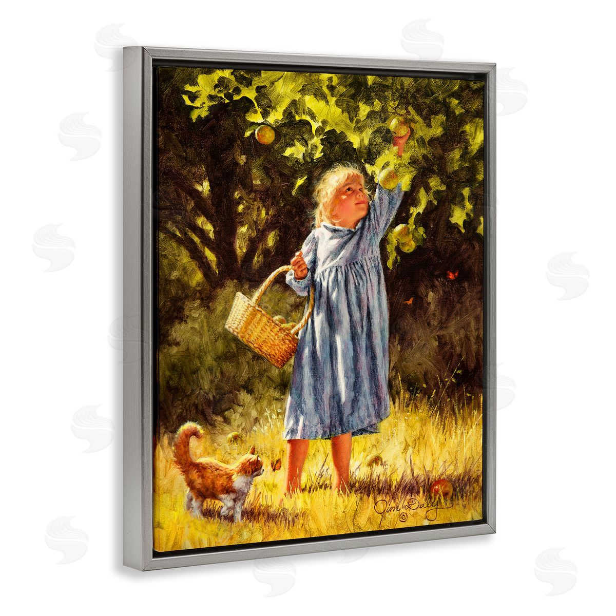 Jim Daly Country Girl Reaching for Apple Gray Floater Frame Canvas Art