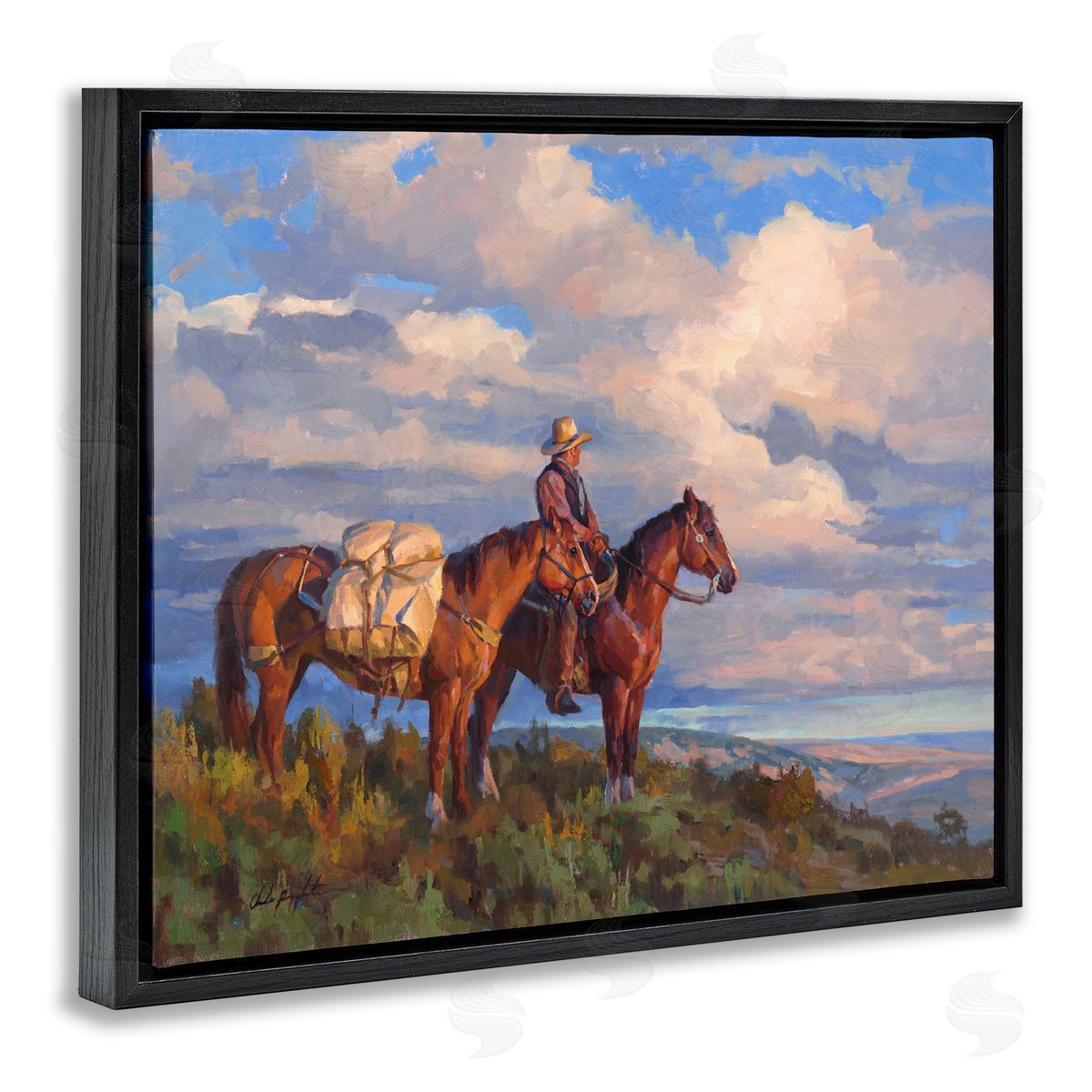 Chad Poppleton Cowboy with Horses Countryside Black Floater Frame Canvas Art