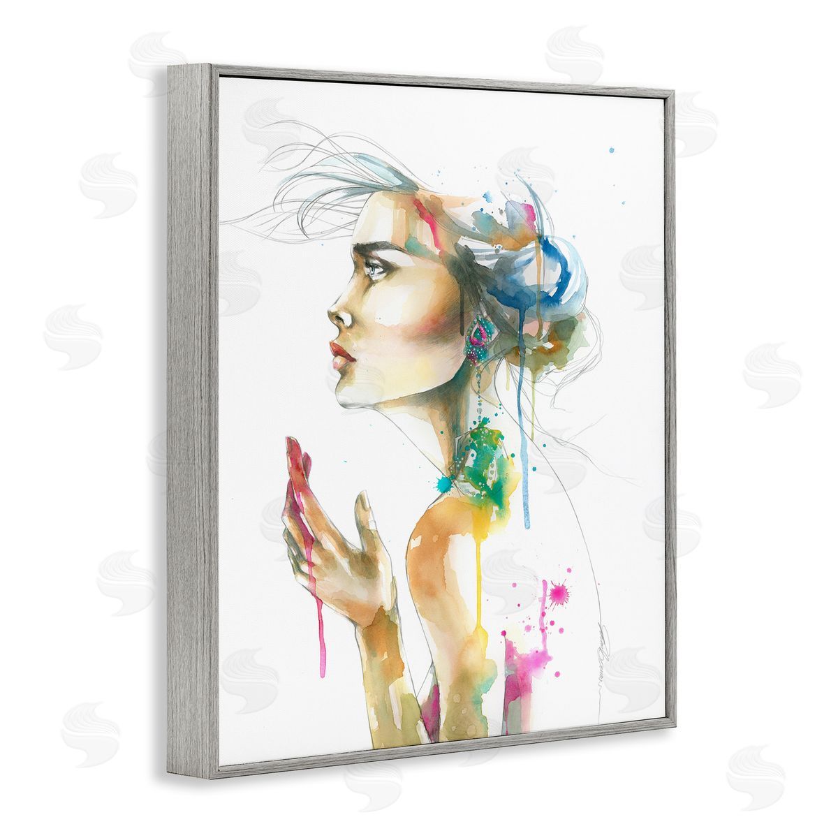 Elisaveta Stoilova Abstract Watercolor Female Side Portrait Gray Framed Giclee Wall Art