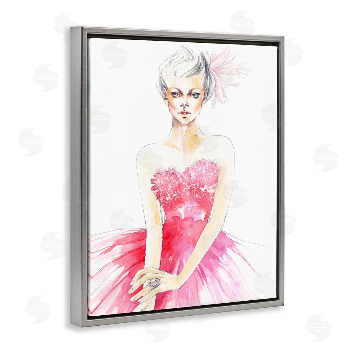 Elisaveta Stoilova Female Pink Watercolor Dress Gray Floater Frame Canvas Art