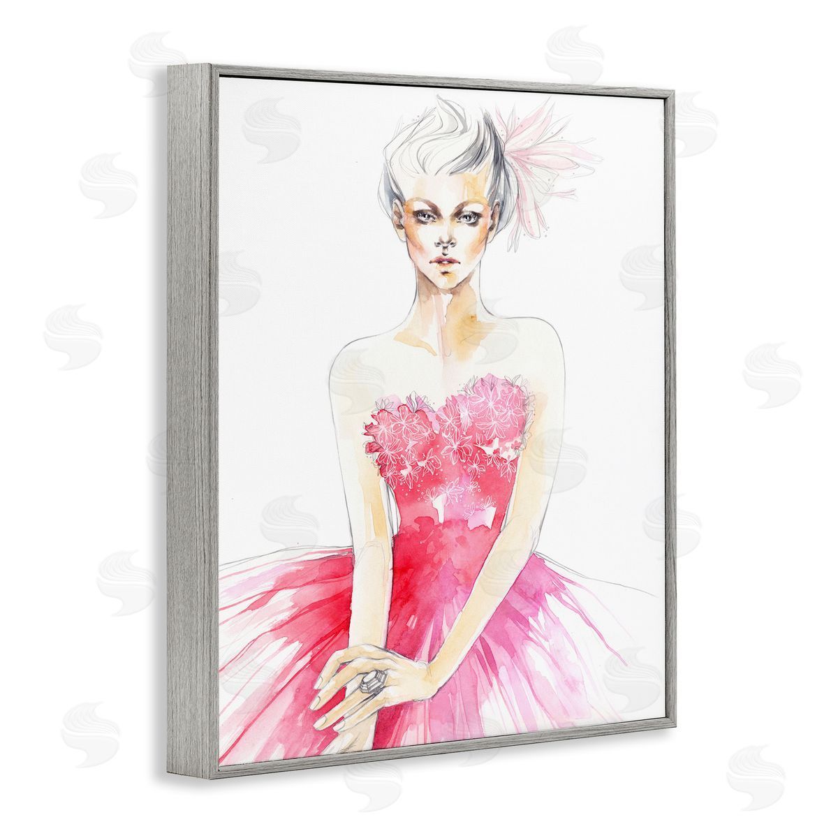 Elisaveta Stoilova Female Pink Watercolor Dress Gray Framed Giclee Wall Art