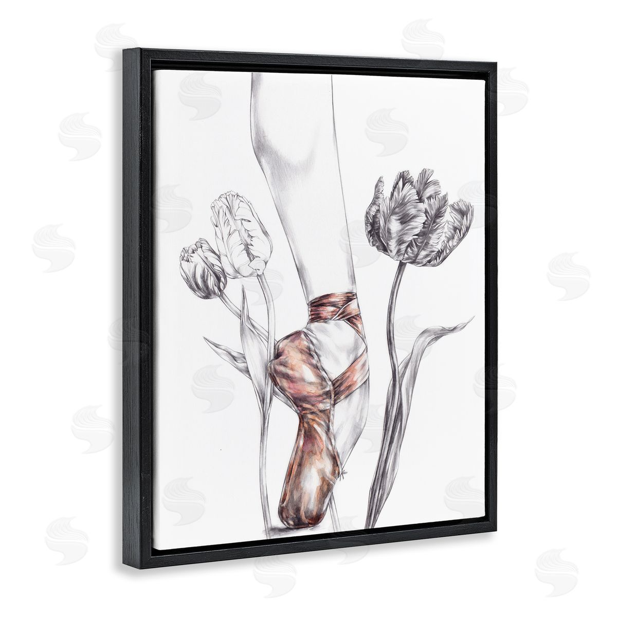 Elisaveta Stoilova Pink Ballerina Slipper Between Tulips Black Floater Frame Canvas Art