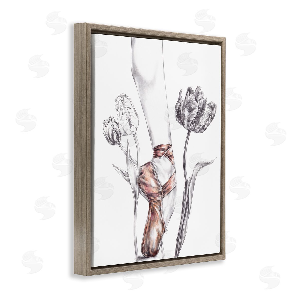 Elisaveta Stoilova Pink Ballerina Slipper Between Tulips Brown Floater Frame Canvas Art