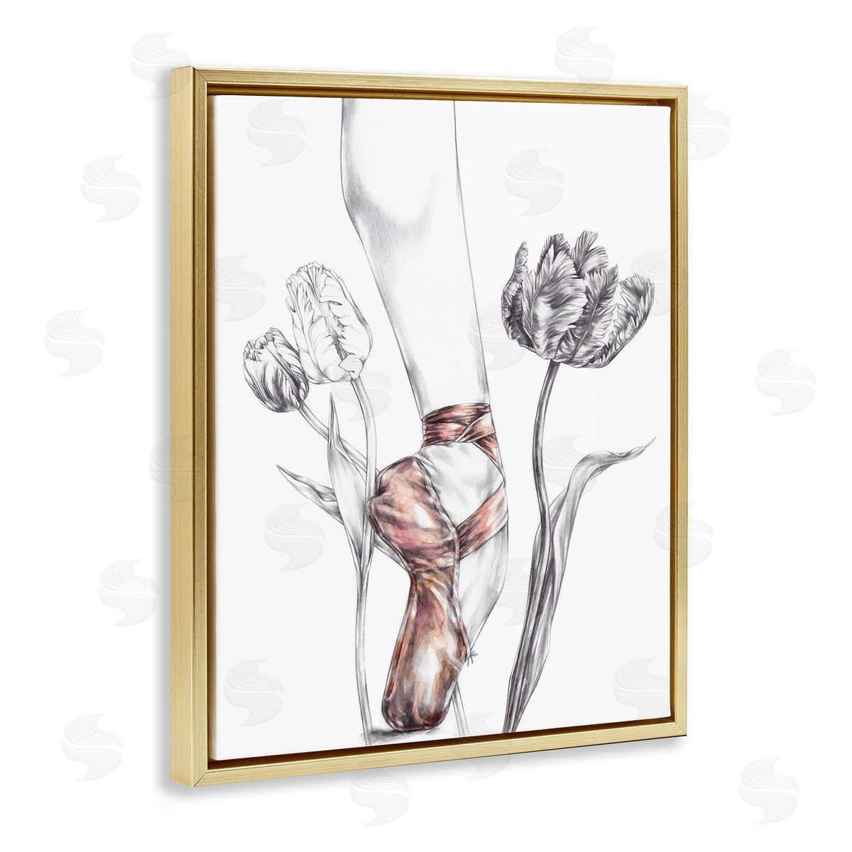 Elisaveta Stoilova Pink Ballerina Slipper Between Tulips Gold Floater Frame Canvas Art