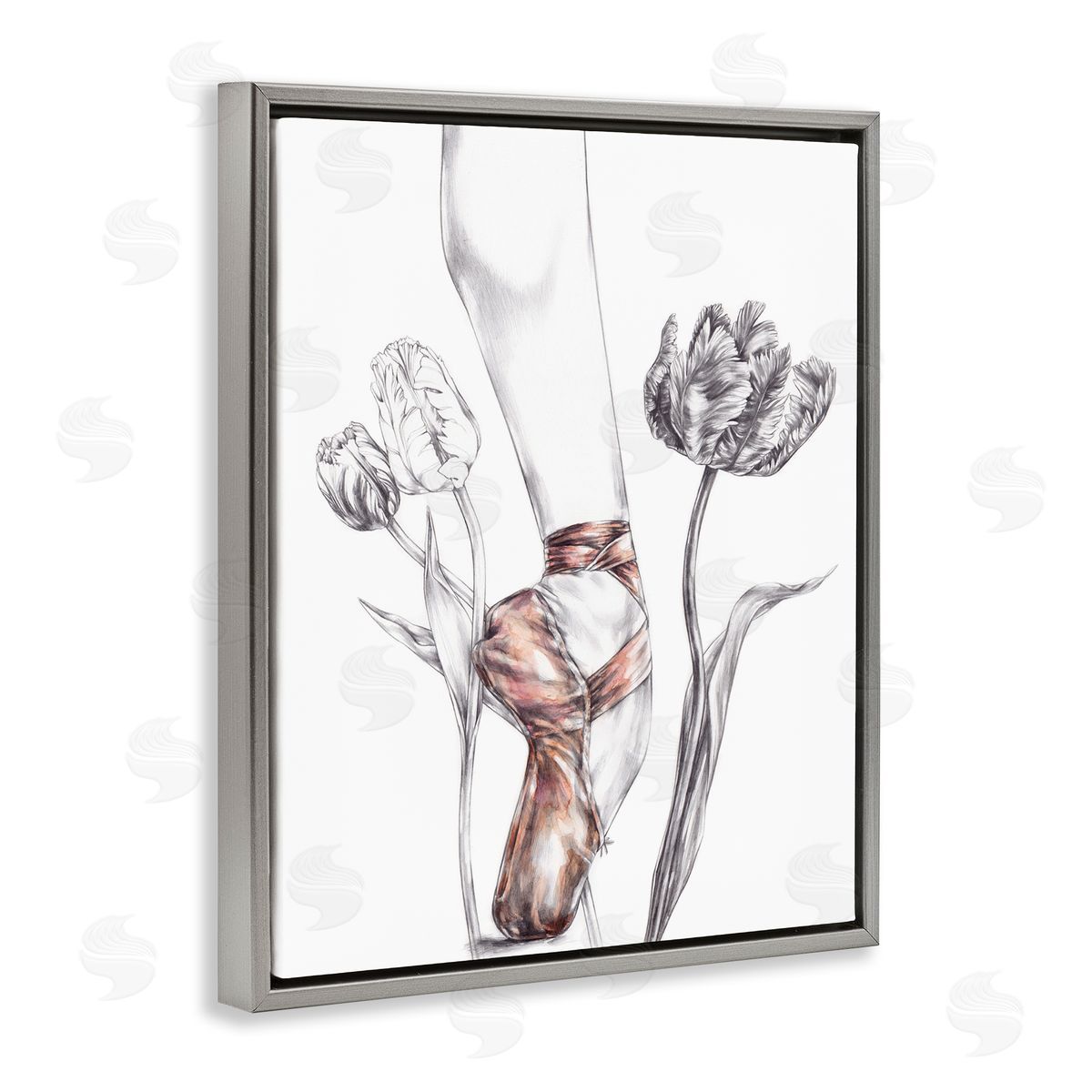Elisaveta Stoilova Pink Ballerina Slipper Between Tulips Gray Floater Frame Canvas Art