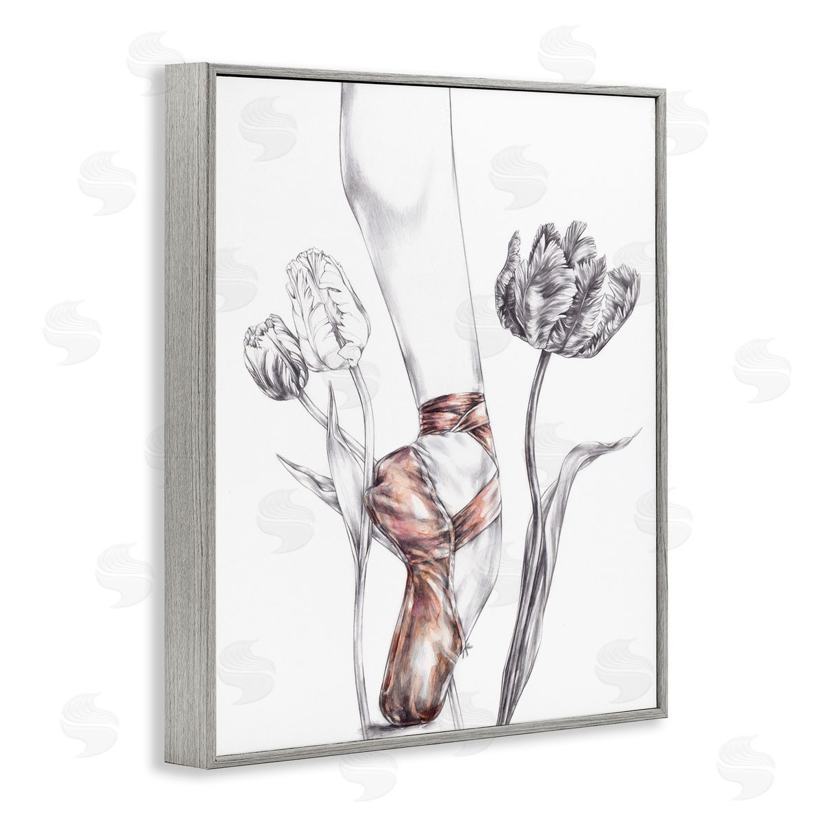 Elisaveta Stoilova Pink Ballerina Slipper Between Tulips Gray Framed Giclee Wall Art