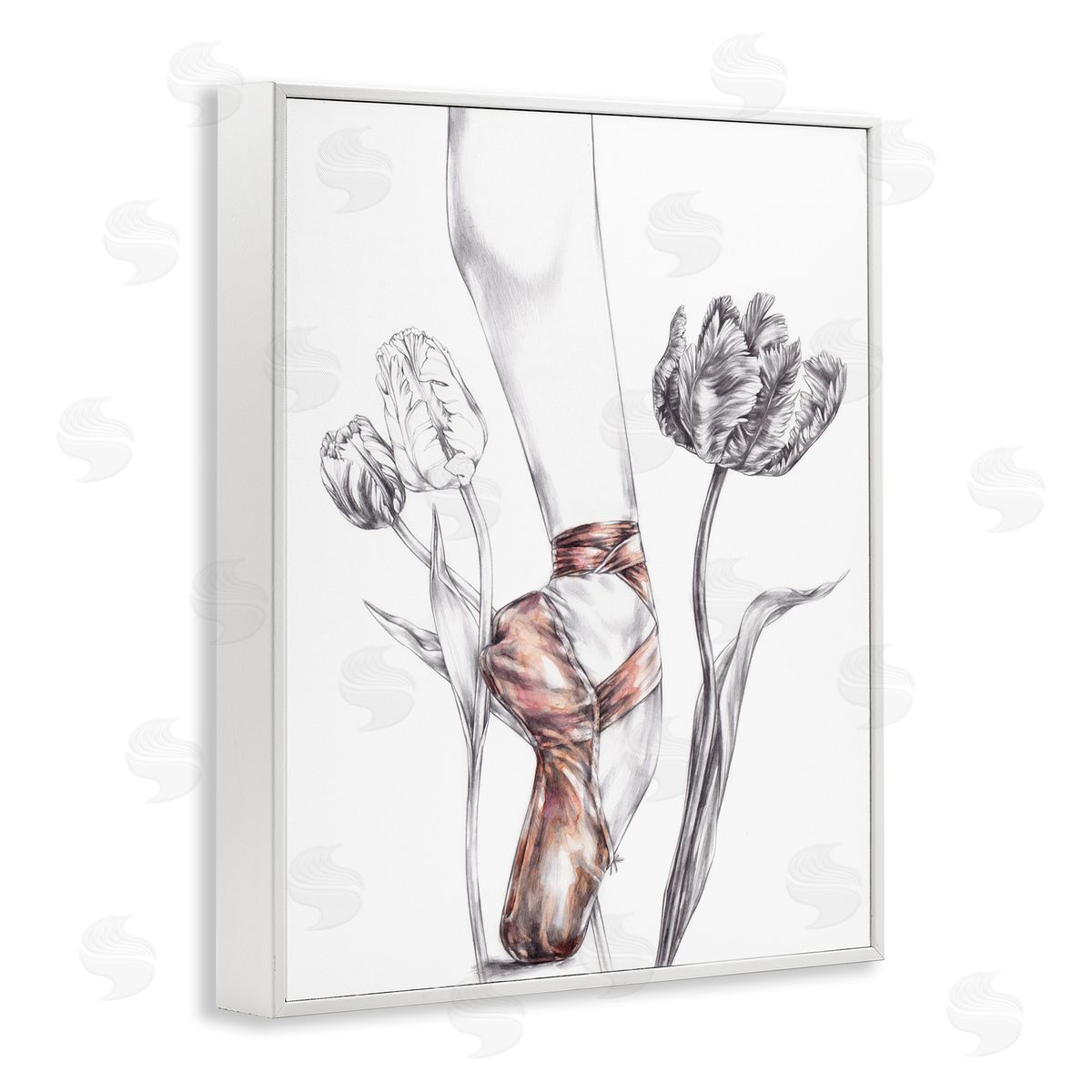 Elisaveta Stoilova Pink Ballerina Slipper Between Tulips White Framed Giclee Wall Art