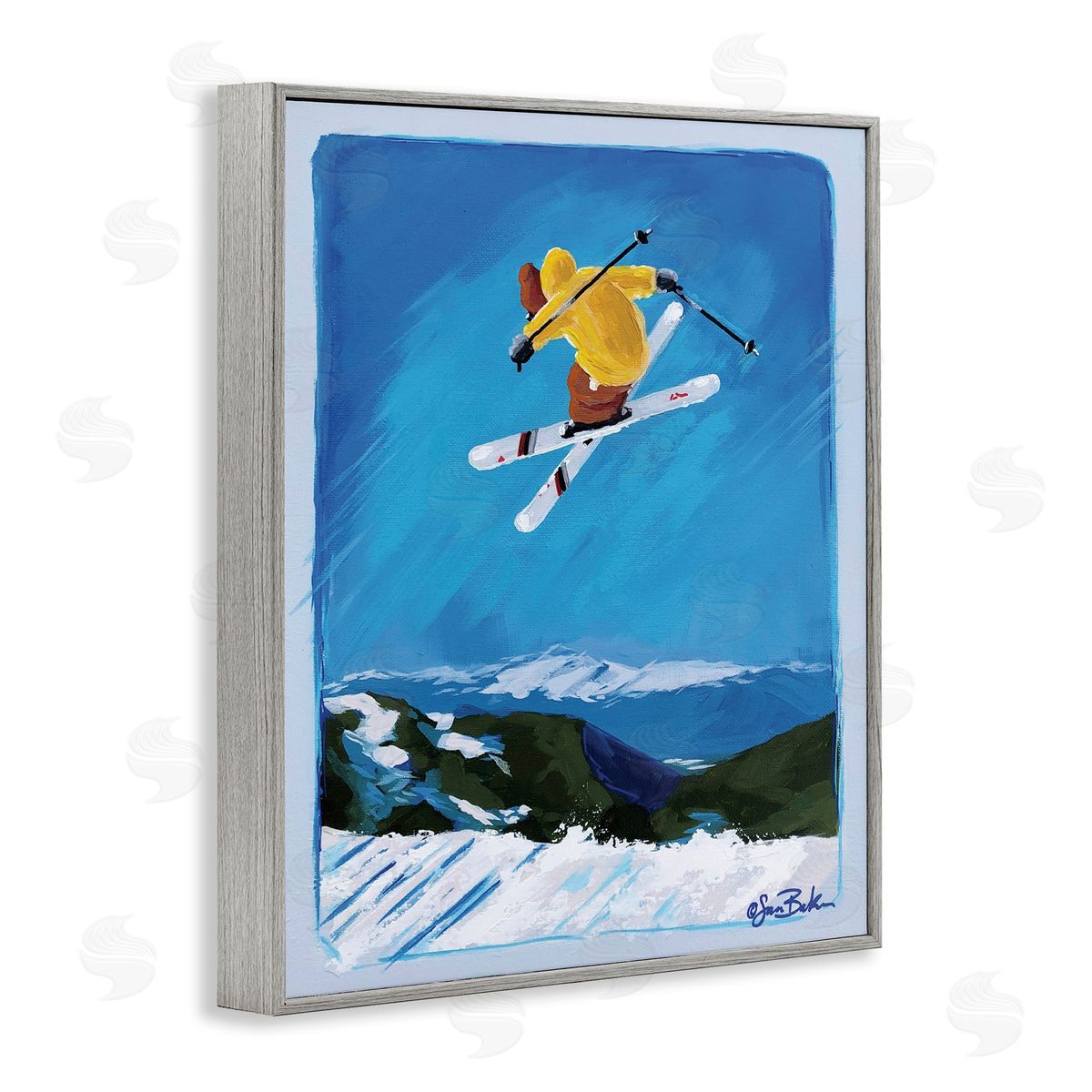 Sara Baker Winter Ski Jump Sports  Gray Framed Giclee Wall Art