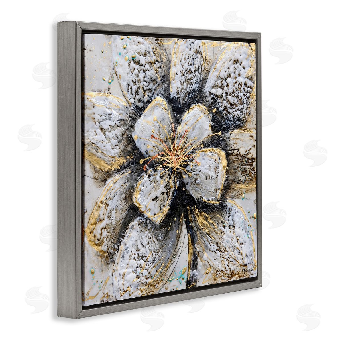 Britt Hallowell Gold White Textured Flower Petals Gray Floater Frame Canvas Art
