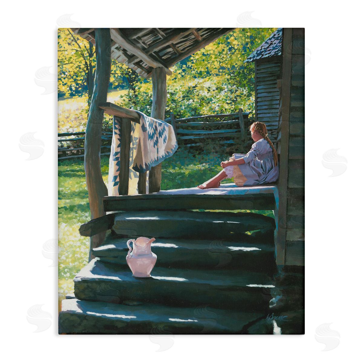 Heide Presse Girl Sitting on Porch with Quilt Canvas Wall Art