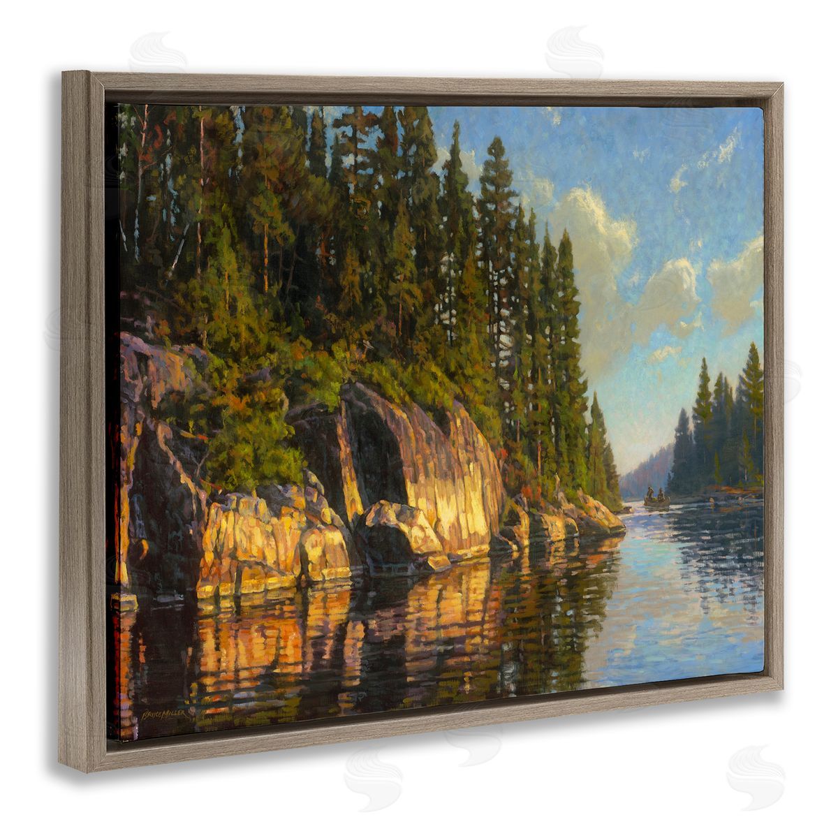 Bruce Miller Sunrise Reflective River Painting Brown Floater Frame Canvas Art