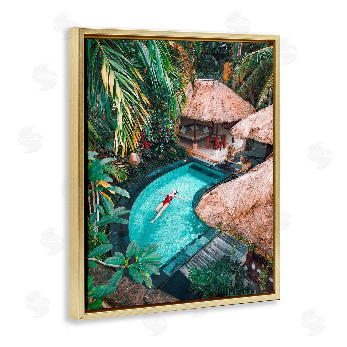 Ziwei Li Female Tropical Pool Jungle Gold Floater Frame Canvas Art