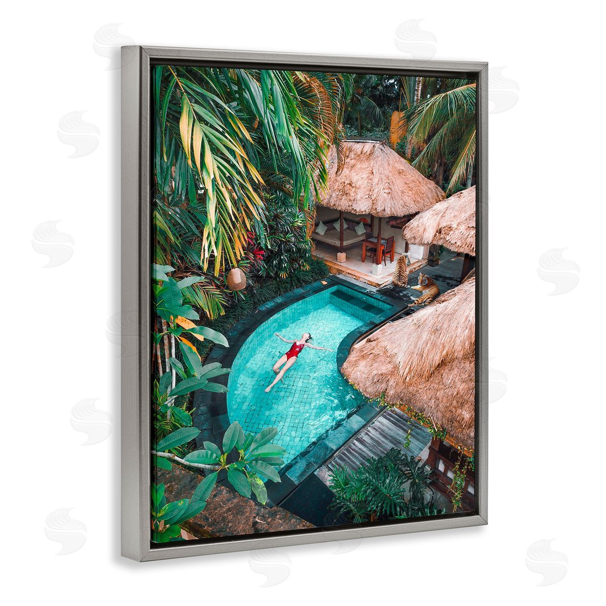 Ziwei Li Female Tropical Pool Jungle Gray Floater Frame Canvas Art