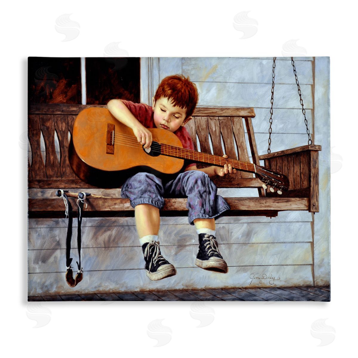 Jim Daly Boy Guitar Porch Swing Painting Canvas Wall Art