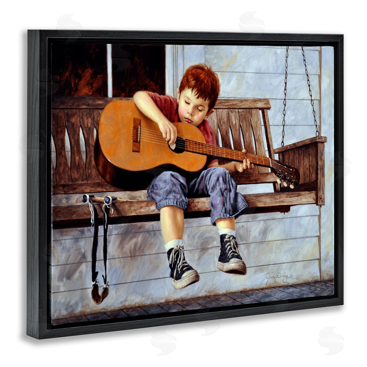Jim Daly Boy Guitar Porch Swing Painting Black Floater Frame Canvas Art