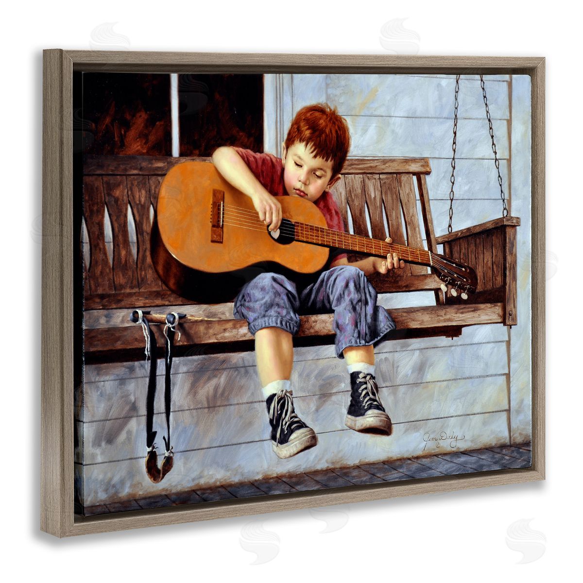 Jim Daly Boy Guitar Porch Swing Painting Brown Floater Frame Canvas Art