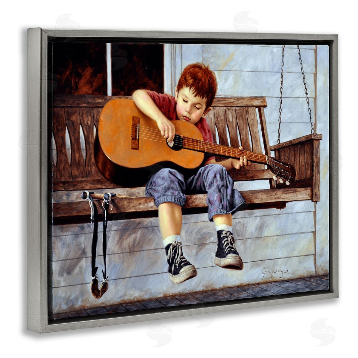 Jim Daly Boy Guitar Porch Swing Painting Gray Floater Frame Canvas Art