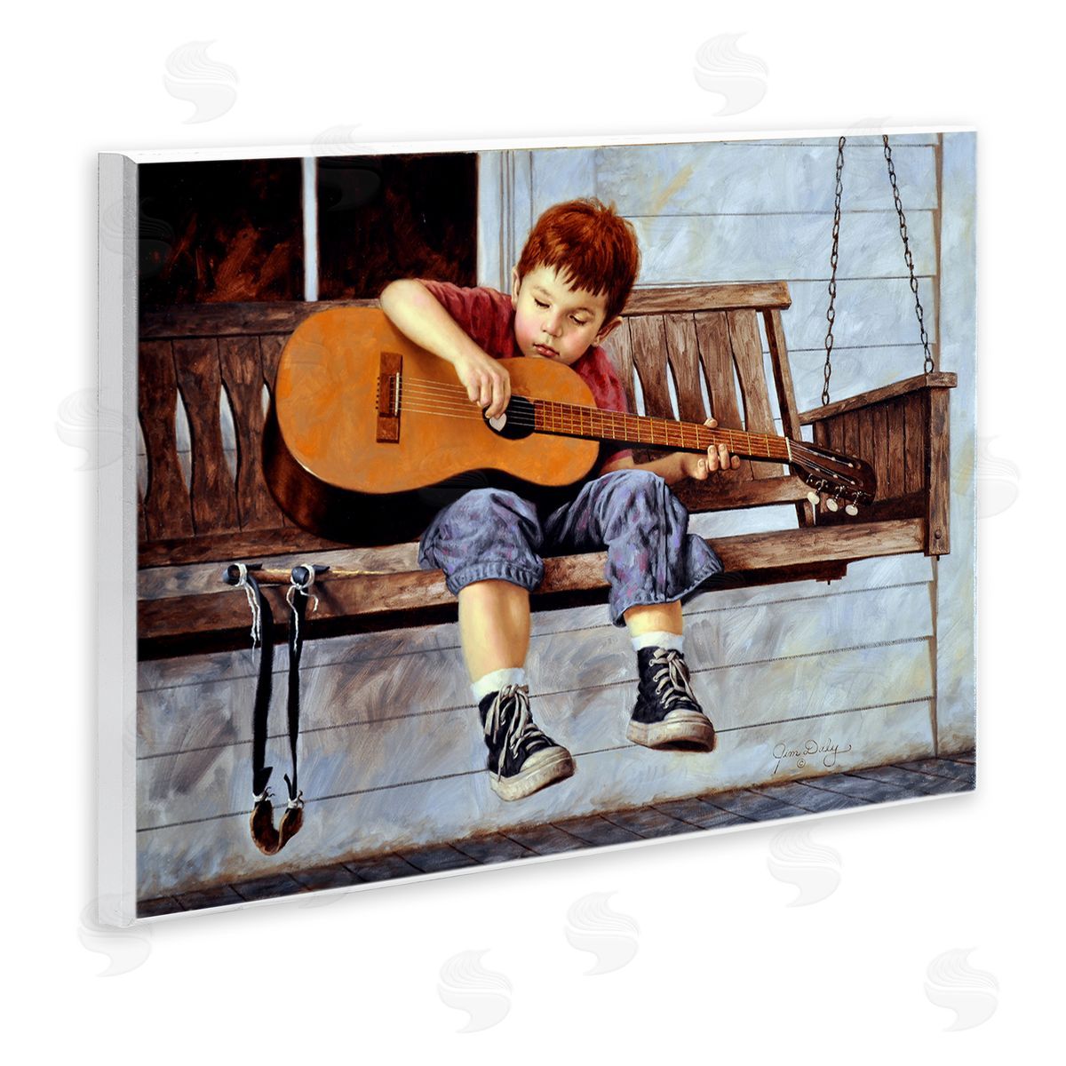 Jim Daly Boy Guitar Porch Swing Painting Wall Plaque Art