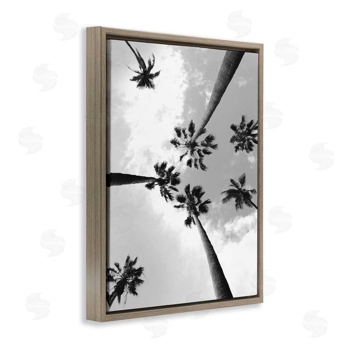 Ziwei Li Black and White Sky Through Palms Brown Floater Frame Canvas Art