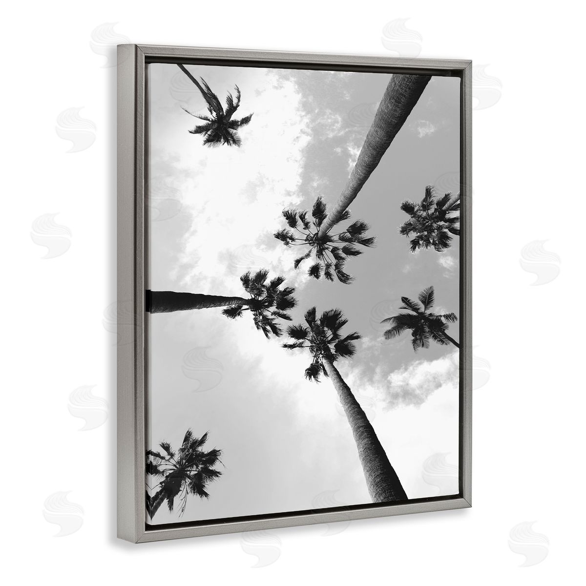 Ziwei Li Black and White Sky Through Palms Gray Floater Frame Canvas Art