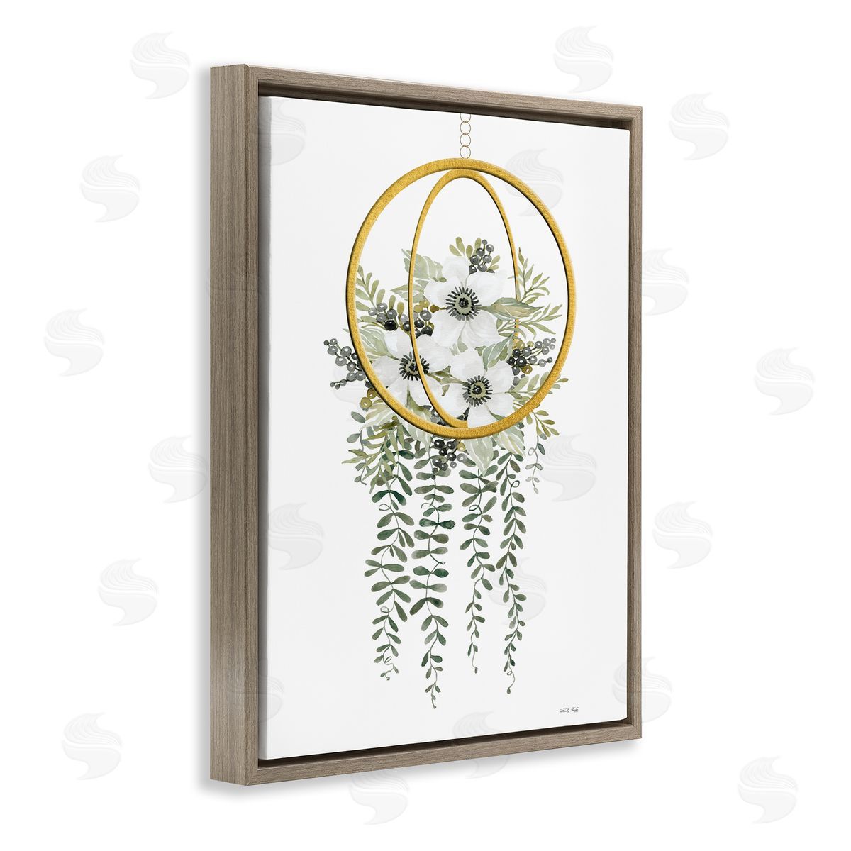 Cindy Jacobs White Floral Vines Modern Planter Brown Floater Frame Canvas Art