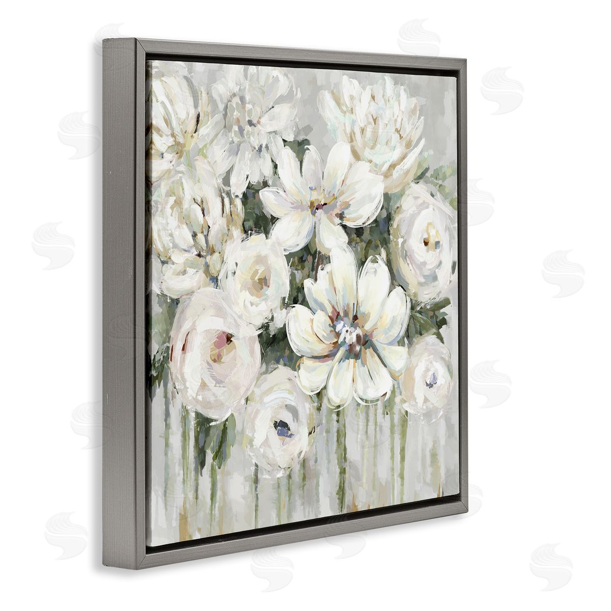Abstract Bouquet with Greenery Grey Floating Frame Canvas Wall Art, Home Decor by Carson Lyons