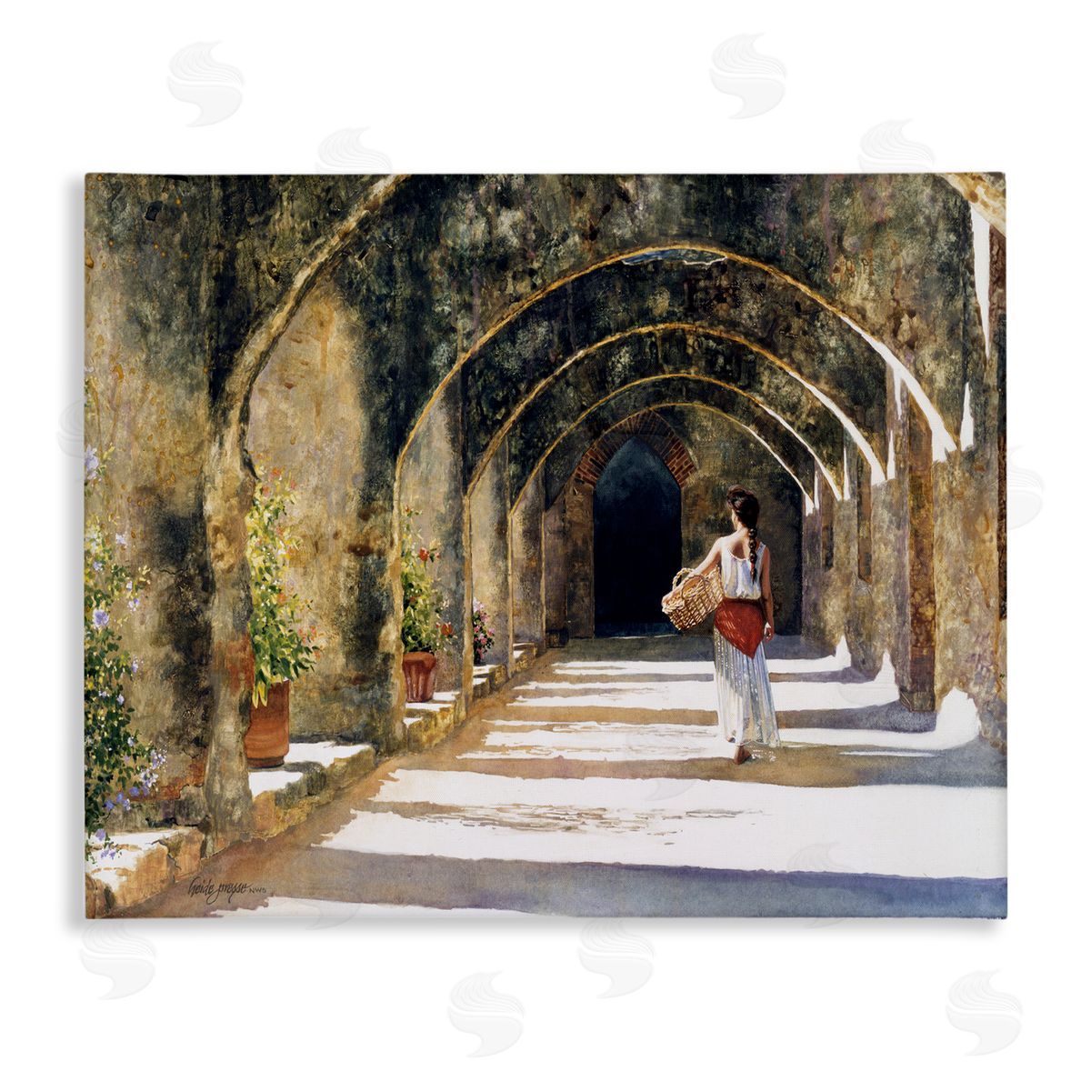 Heide Presse Woman with Basket Under Arches Canvas Wall Art