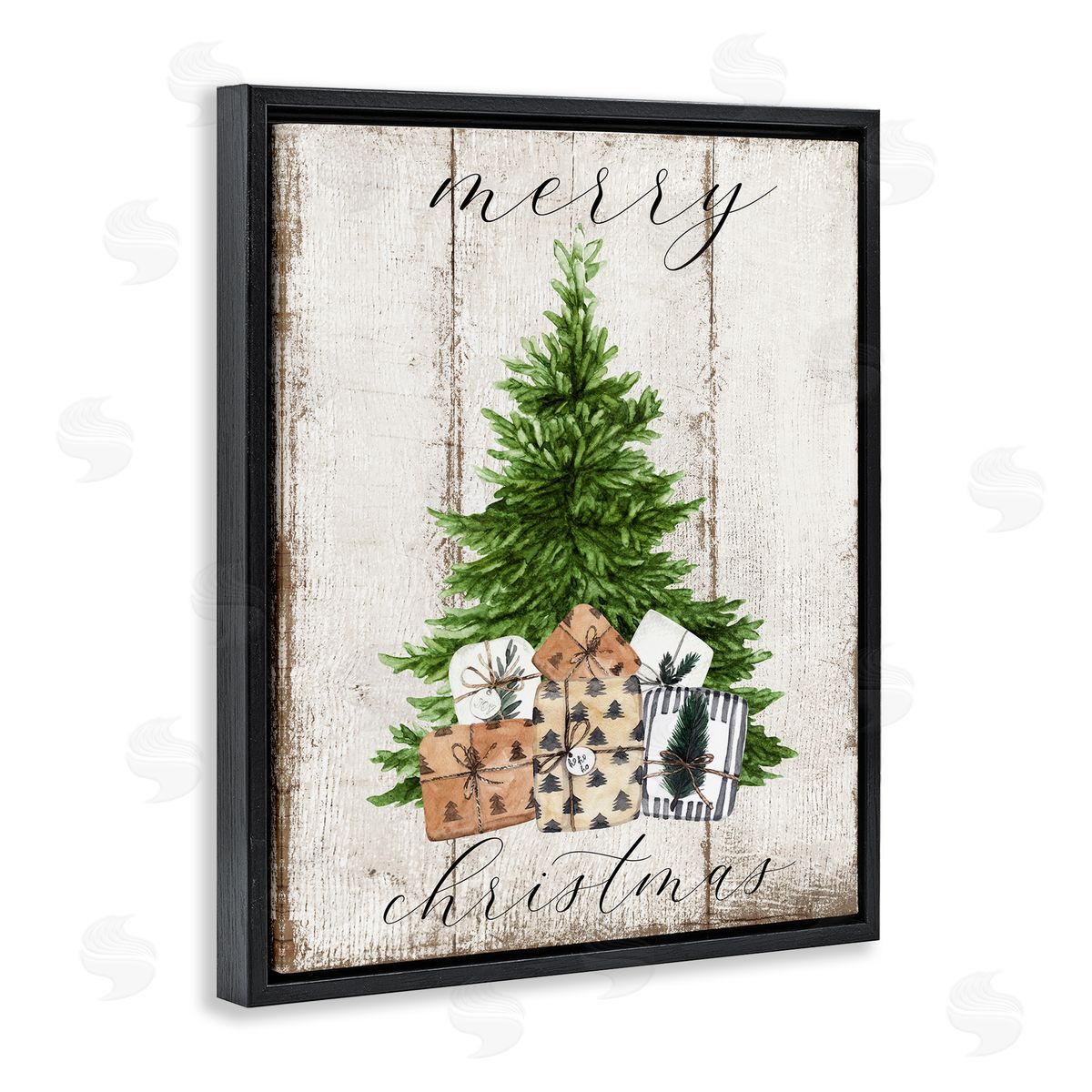 Rustic Distressed Christmas Tree Black Floating Frame Canvas Wall Art, Home Decor by Deborah Brown