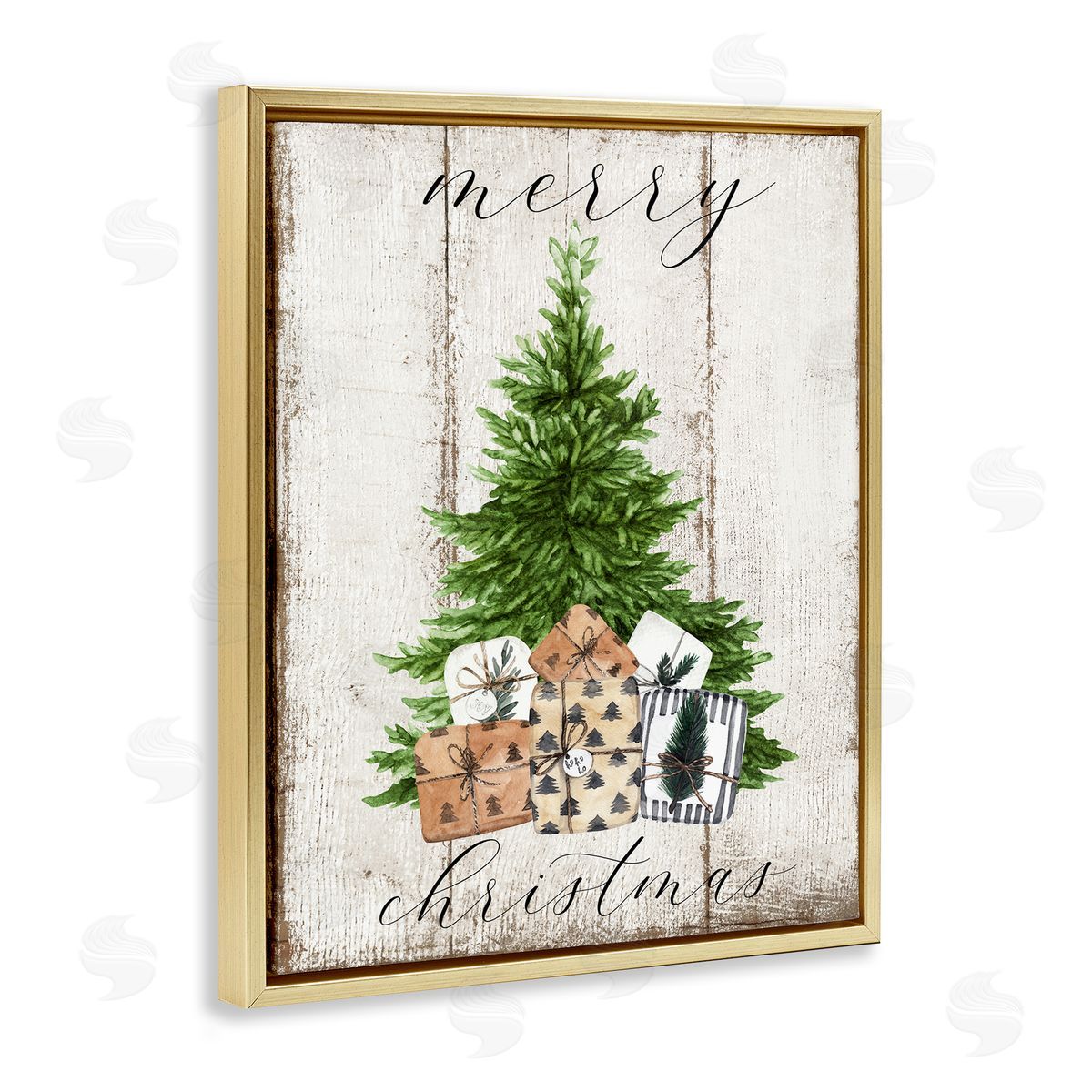 Rustic Distressed Christmas Tree Gold Floating Frame Canvas Wall Art, Home Decor by Deborah Brown