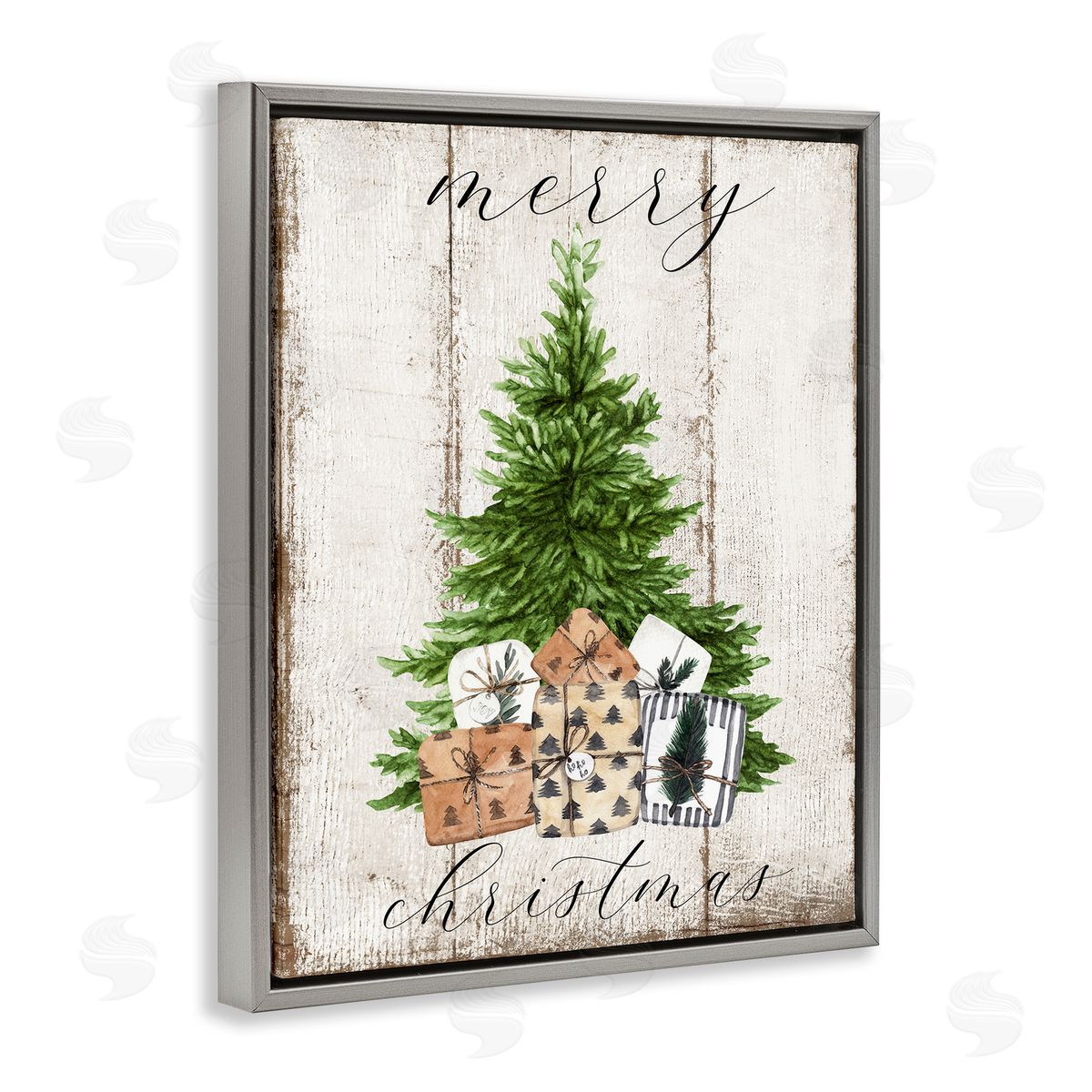 Rustic Distressed Christmas Tree Grey Floating Frame Canvas Wall Art, Home Decor by Deborah Brown