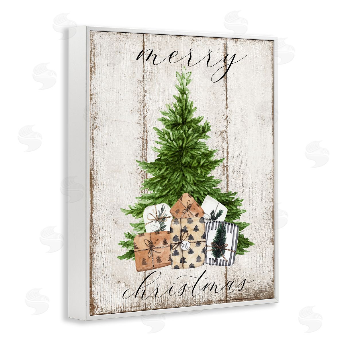 Rustic Distressed Christmas Tree White Frame Print Wall Art, Home Decor by Deborah Brown