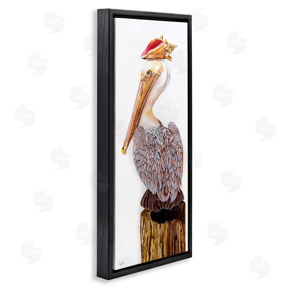 Nautical Pelican with Sea Shell Black Floating Frame Canvas Wall Art, Home Decor by Diane Fifer